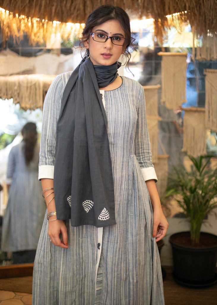 Elegant Pure Cotton Pleated A-Line Centre Slit Kurta with Hand Painted Pant- Hand Painted Stole Optional