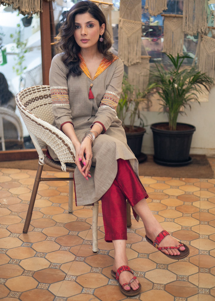 Cotton Turn Collared Kurta with Exclusive Embroidery on Sleeves- Pant Optional