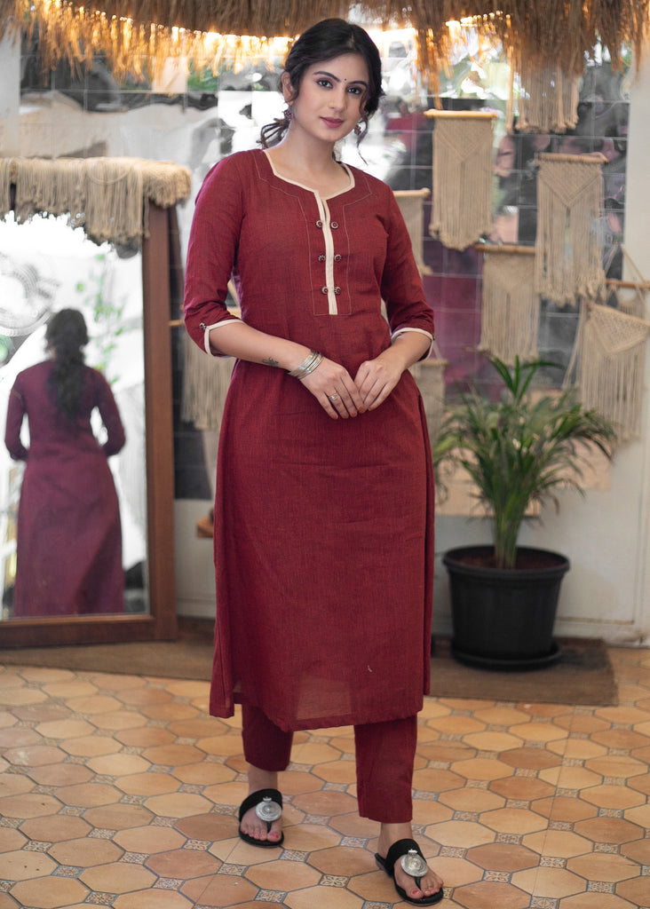 Elegant Cotton Maroon Kurta with Ajrakh Long Shrug - Pant Optional