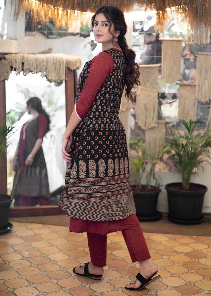 Elegant Cotton Maroon Kurta with Ajrakh Long Shrug - Pant Optional