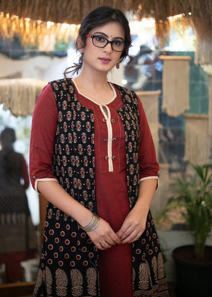 Elegant Cotton Maroon Kurta with Ajrakh Long Shrug - Pant Optional