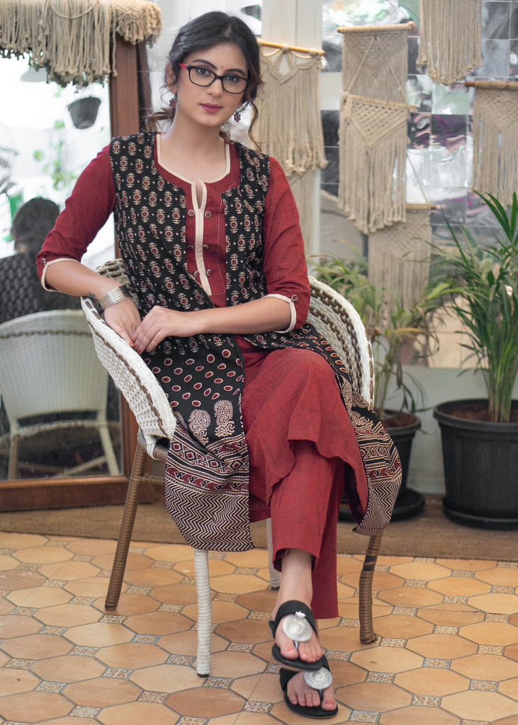 Elegant Cotton Maroon Kurta with Ajrakh Long Shrug - Pant Optional
