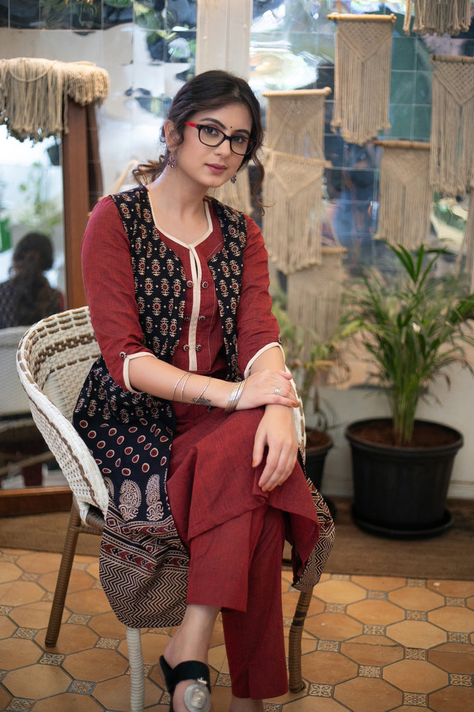 Elegant Cotton Maroon Kurta with Ajrakh Long Shrug - Pant Optional