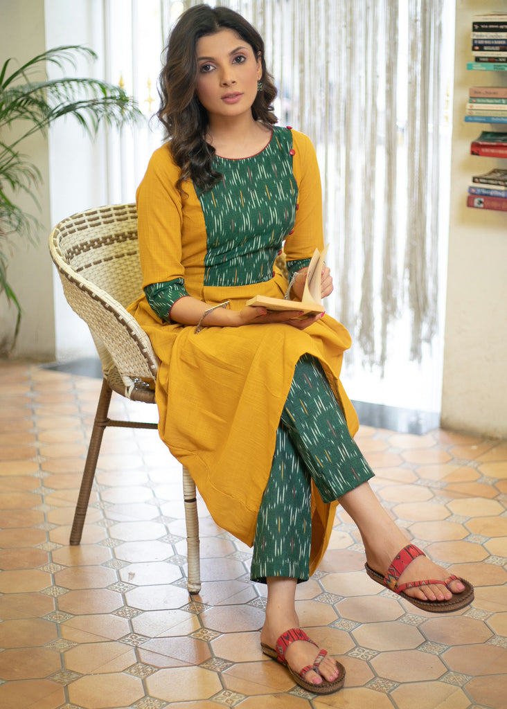 Elegant Cotton Mustard A Line Kurta with Contrast Ikat Combination on Yoke and Sleeves - Pant Optional