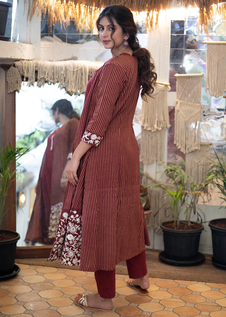 Classy Cotton Maroon Striped Ajrakh Long Shrug with Heavy Embroidery