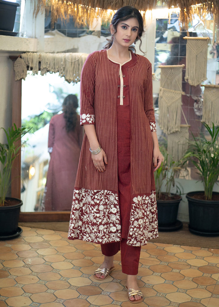 Classy Cotton Maroon Striped Ajrakh Long Shrug with Heavy Embroidery