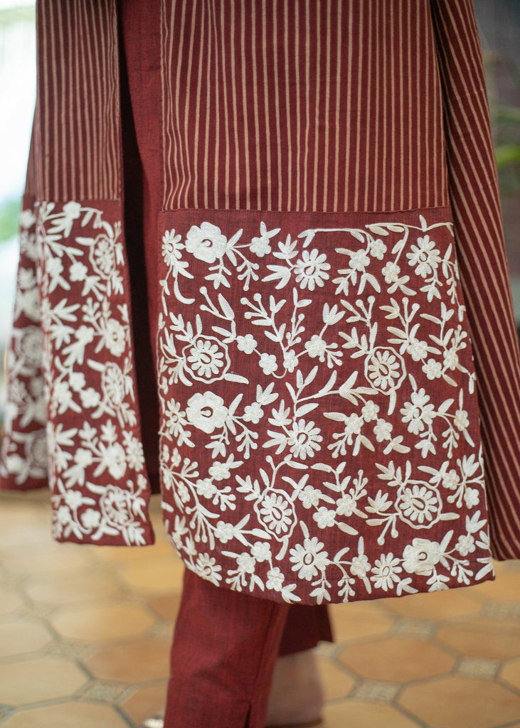 Classy Cotton Maroon Striped Ajrakh Long Shrug with Heavy Embroidery