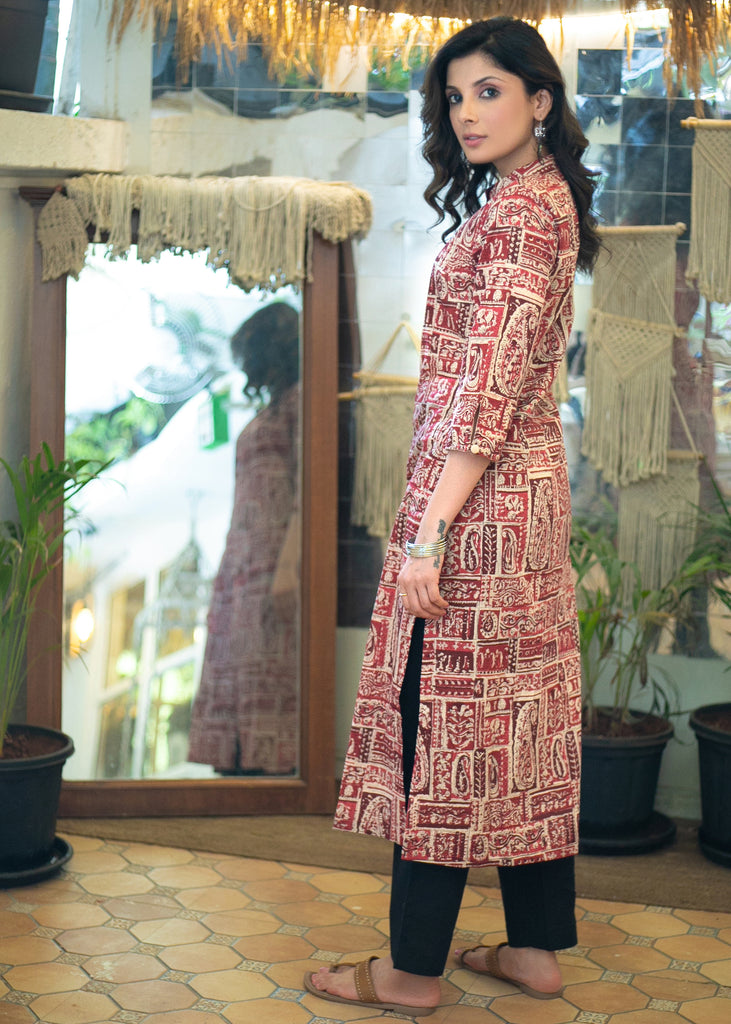Classy Kalamkari Printed Kurta with Mandarin Collar and Side Pocket - Pant Optional