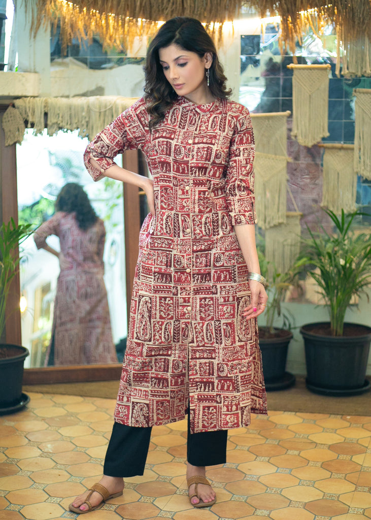 Classy Kalamkari Printed Kurta with Mandarin Collar and Side Pocket - Pant Optional