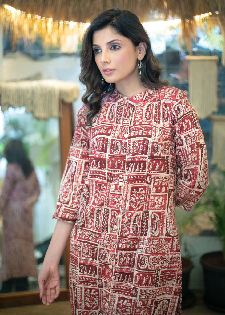 Classy Kalamkari Printed Kurta with Mandarin Collar and Side Pocket - Pant Optional