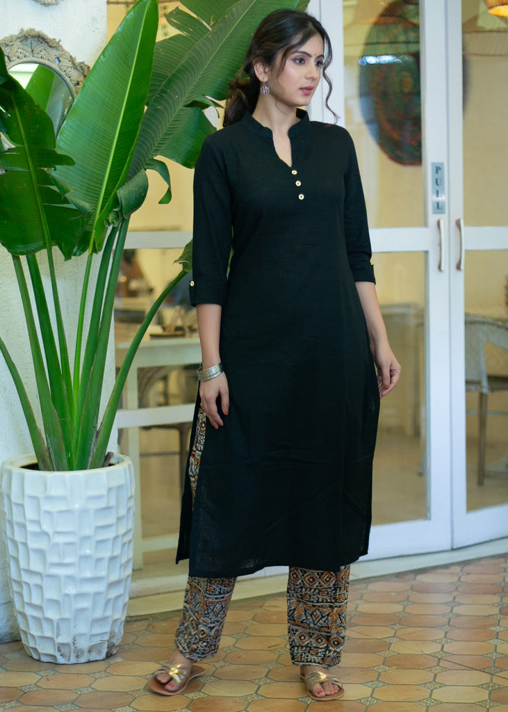 Elegant Cotton Black Straight Cut Kurta with Contrast Kalamkari Short Jacket - Pant Optional