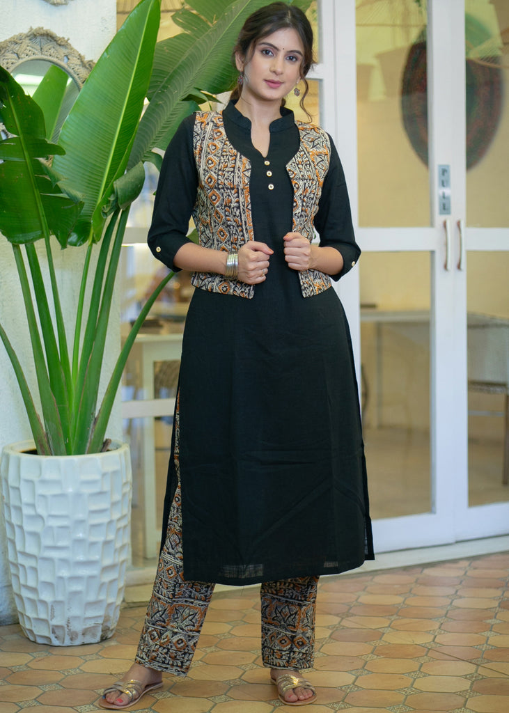 Elegant Cotton Black Straight Cut Kurta with Contrast Kalamkari Short Jacket - Pant Optional