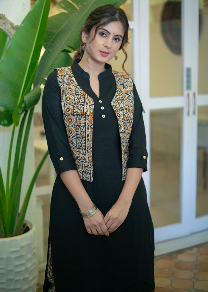 Elegant Cotton Black Straight Cut Kurta with Contrast Kalamkari Short Jacket - Pant Optional