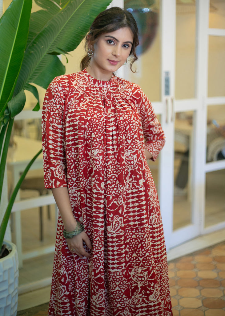 Classy Red Printed High Neck Kurta /One Piece Dress