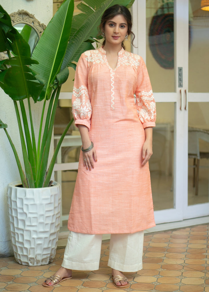 Exclusive Pure Cotton Peach Embroidered Kurta - Pant Optional