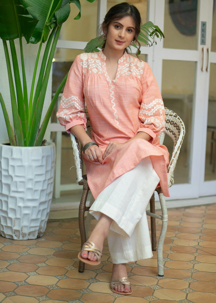 Exclusive Pure Cotton Peach Embroidered Kurta - Pant Optional