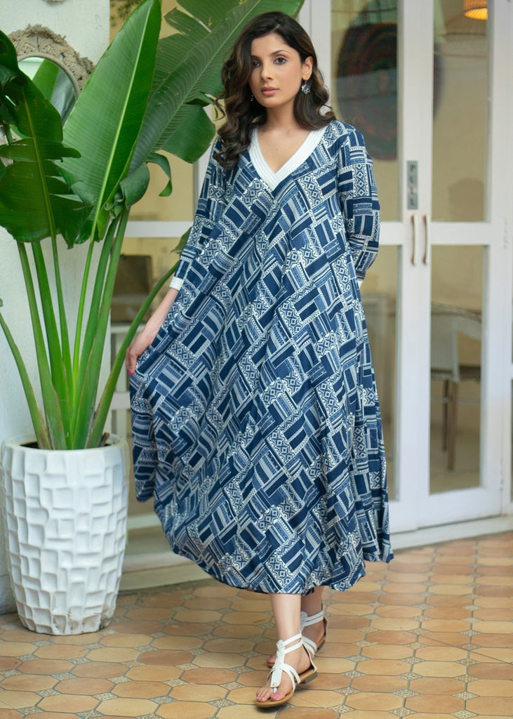 A Line Navy Blue Printed Embroidered V Neck Kurta / One Piece Dress