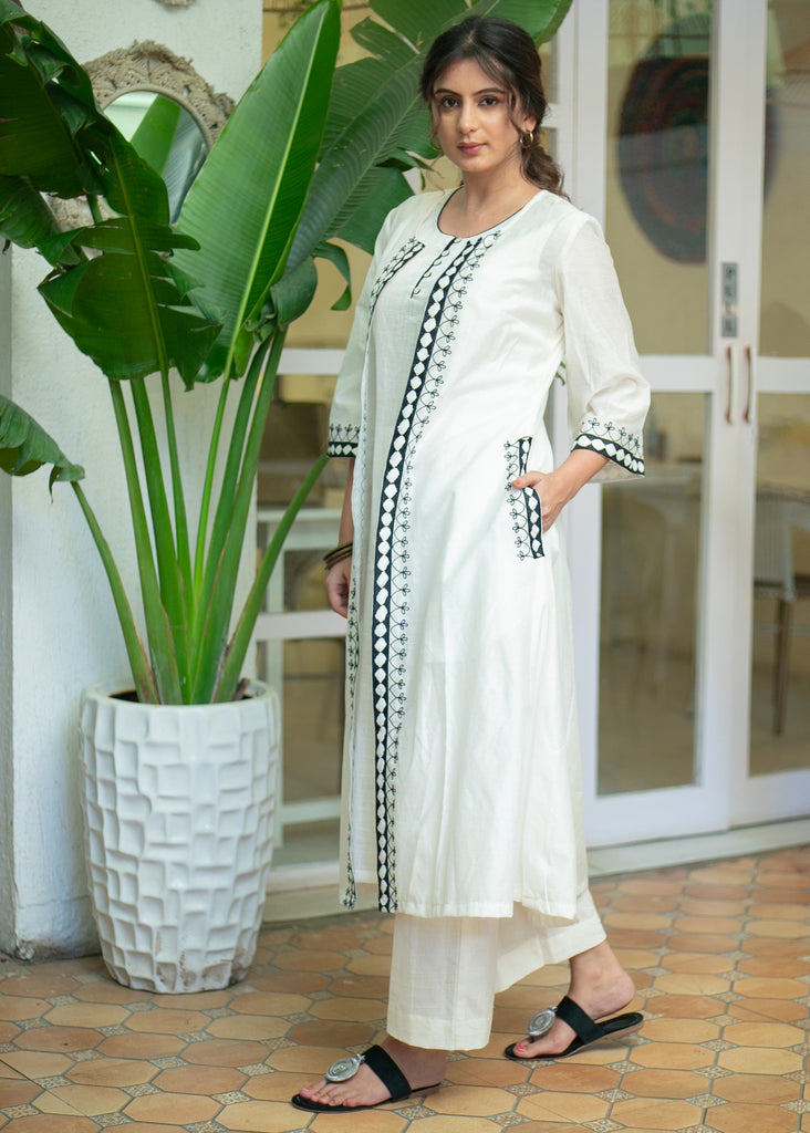 Classy White Cotton Kurta with Beautiful Embroidered Long Chanderi Shrug