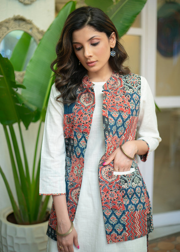 Must Have White Cotton Kurta with Multi Kantha Printed Patchwork Jacket - Pant Optional