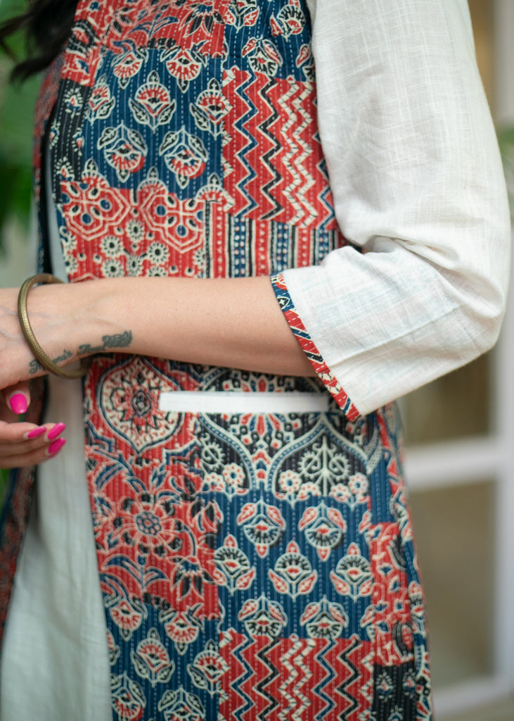 Must Have White Cotton Kurta with Multi Kantha Printed Patchwork Jacket - Pant Optional