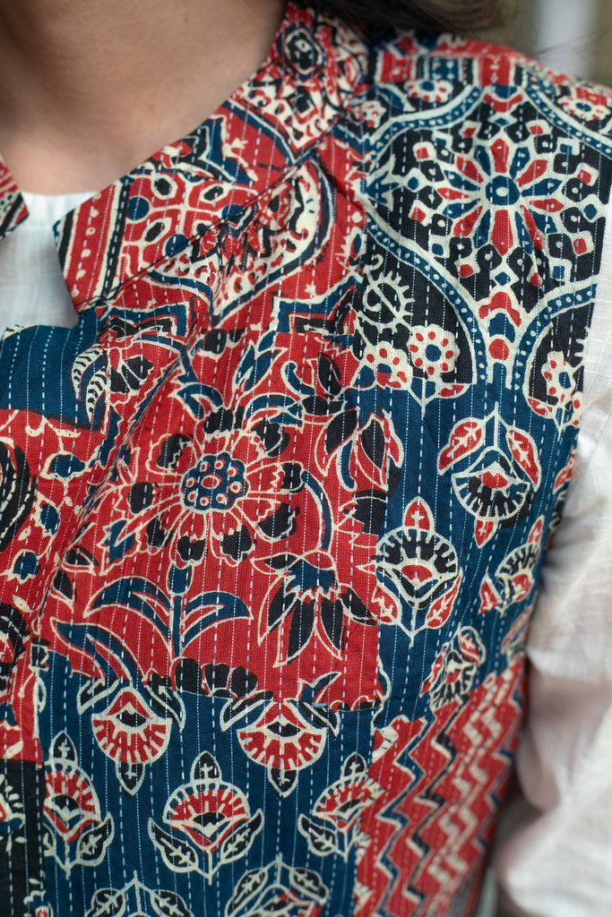 Must Have White Cotton Kurta with Multi Kantha Printed Patchwork Jacket - Pant Optional