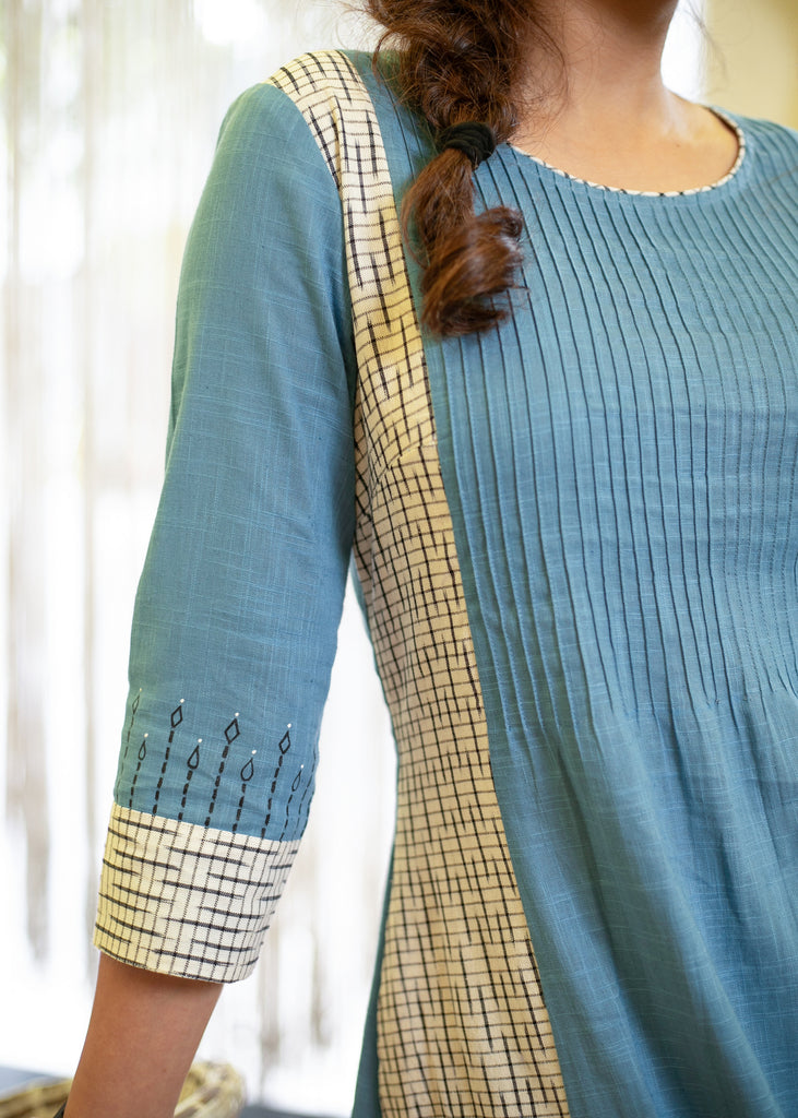 Exclusive Cotton Powder Blue Kurta with Ikat Combination and Classy Painting on Sleeves - Pant Optional