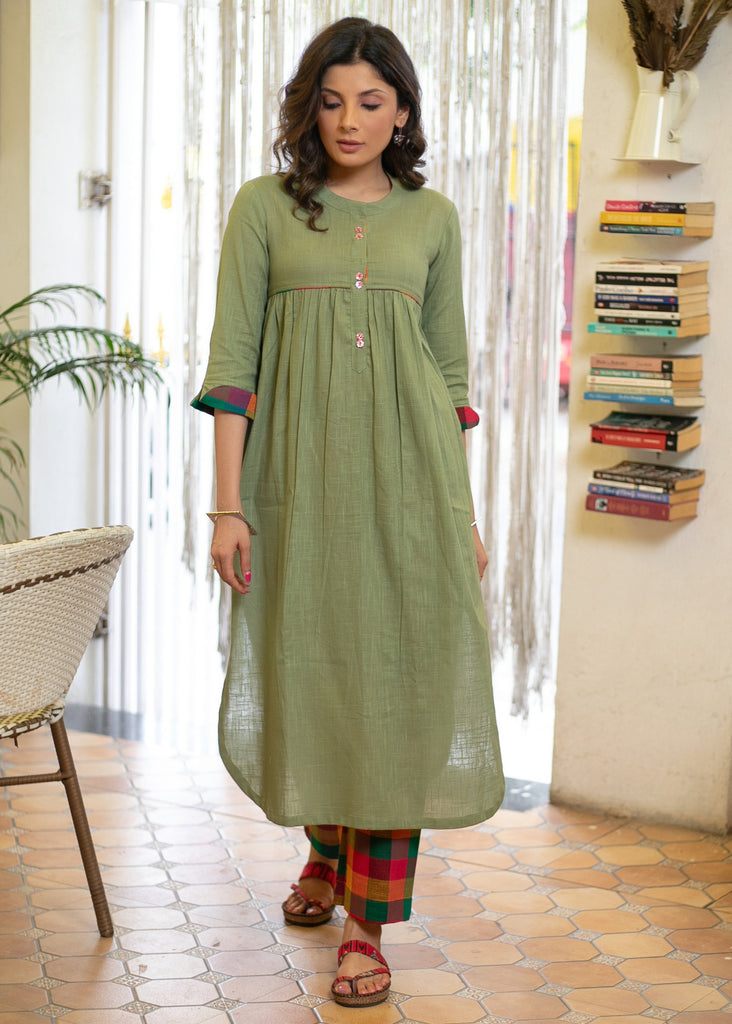 Elegant Cotton Olive Green Kurta with Multicolor Turn Up Sleeves - Pant Optional