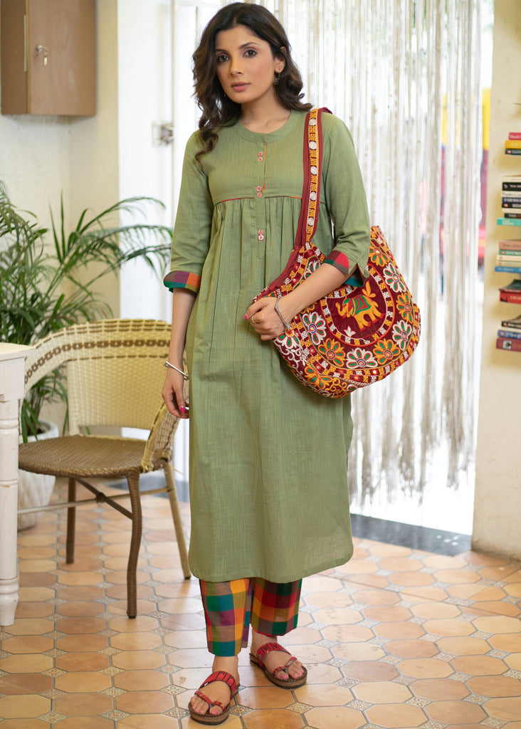 Elegant Cotton Olive Green Kurta with Multicolor Turn Up Sleeves - Pant Optional