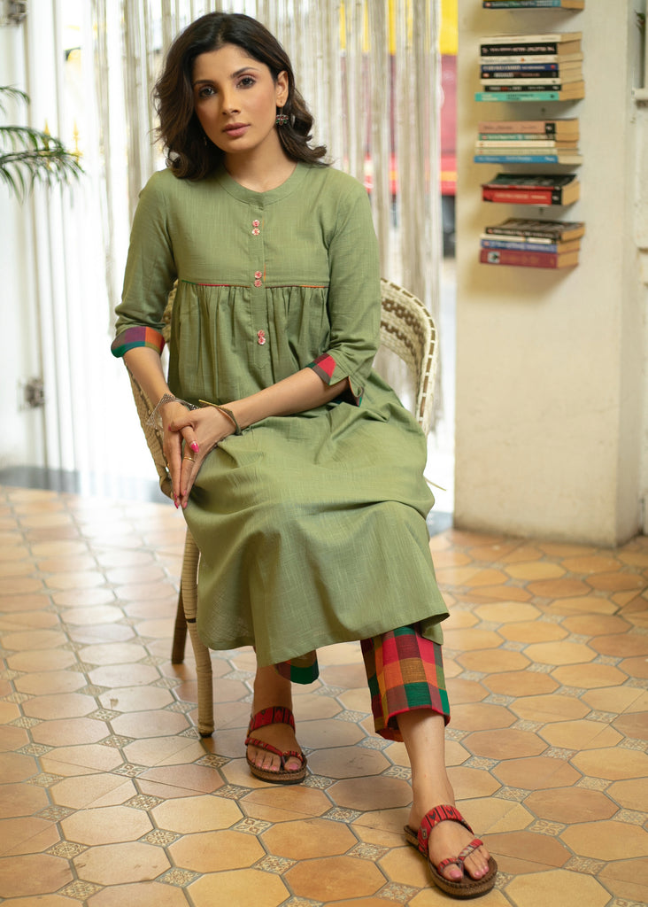 Elegant Cotton Olive Green Kurta with Multicolor Turn Up Sleeves - Pant Optional