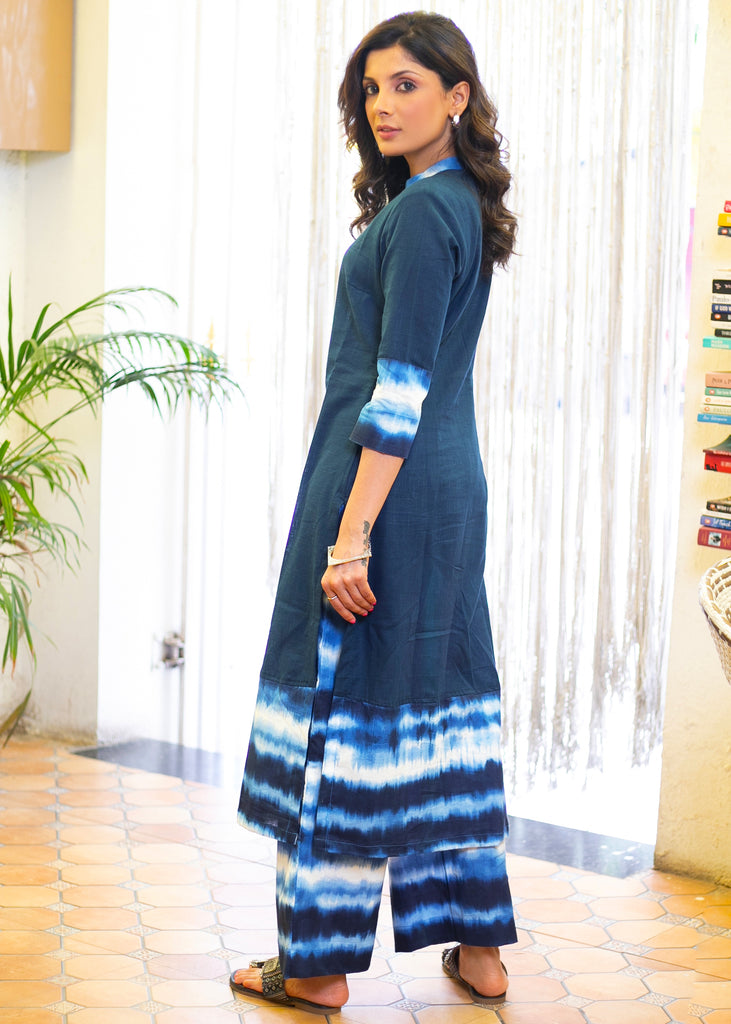 Exclusive Cotton Navy Blue Straight Cut, Tie-Dye Combination Kurta - Pant Optional