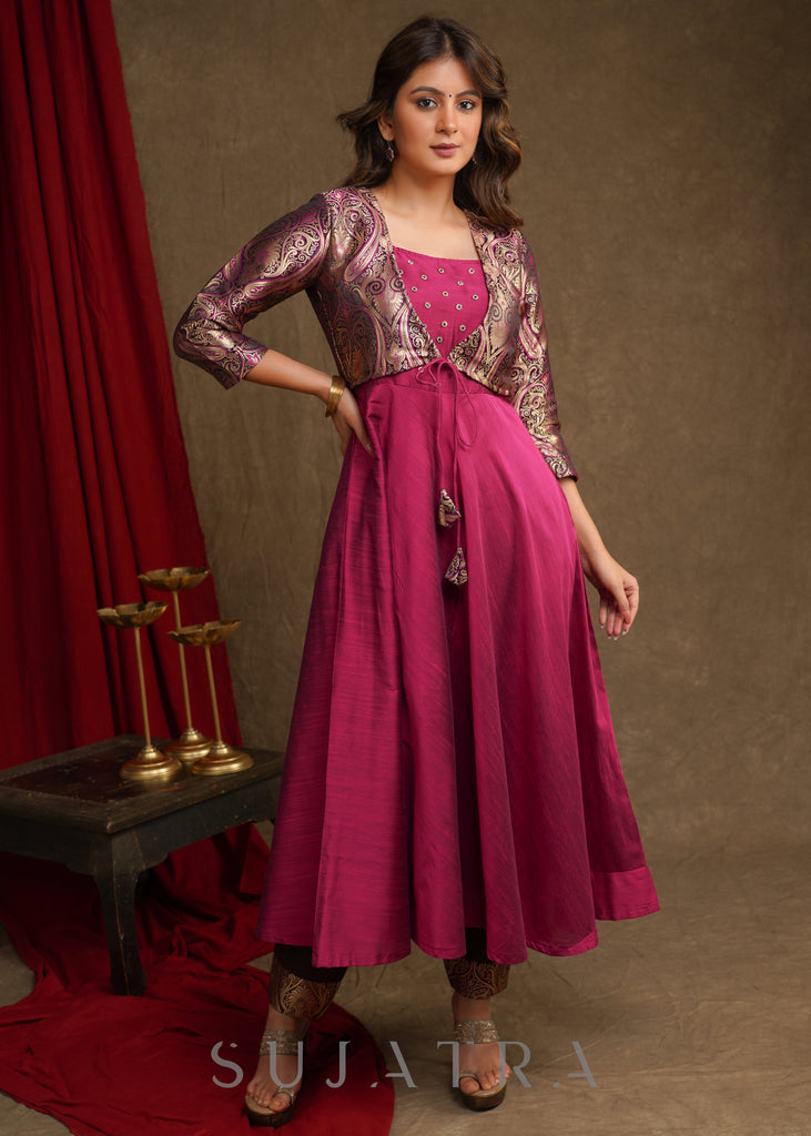 Beautiful Magenta Cotton Silk A-Line Kurta With Attached Banarasi Jacket - Pant Optional