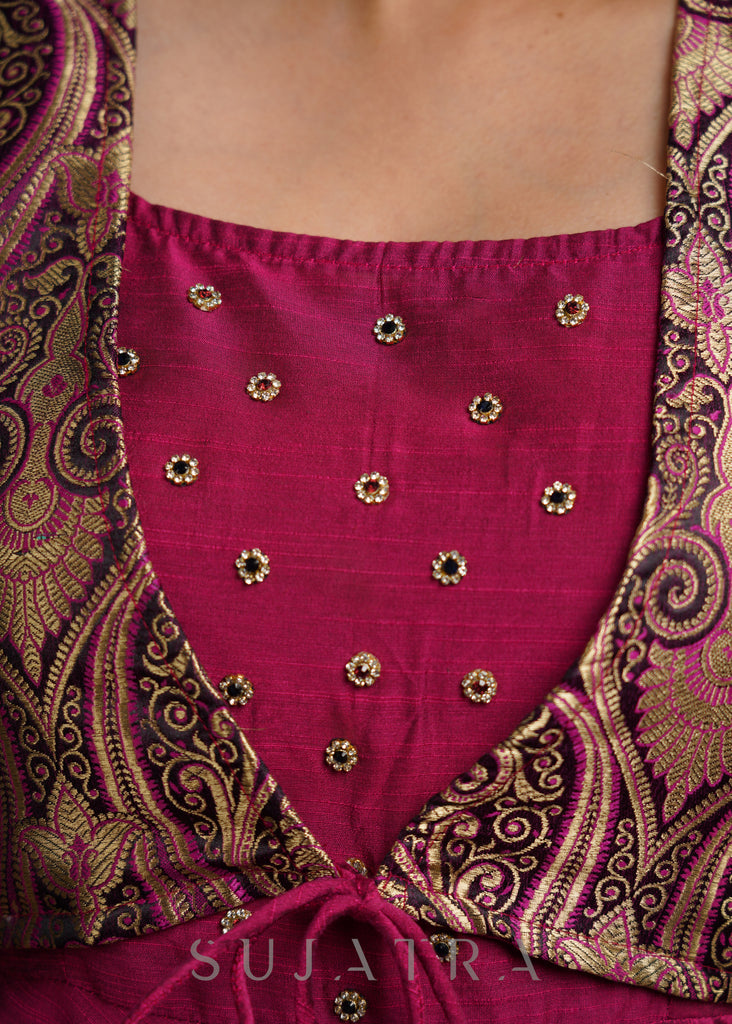 Beautiful Magenta Cotton Silk A-Line Kurta With Attached Banarasi Jacket - Pant Optional