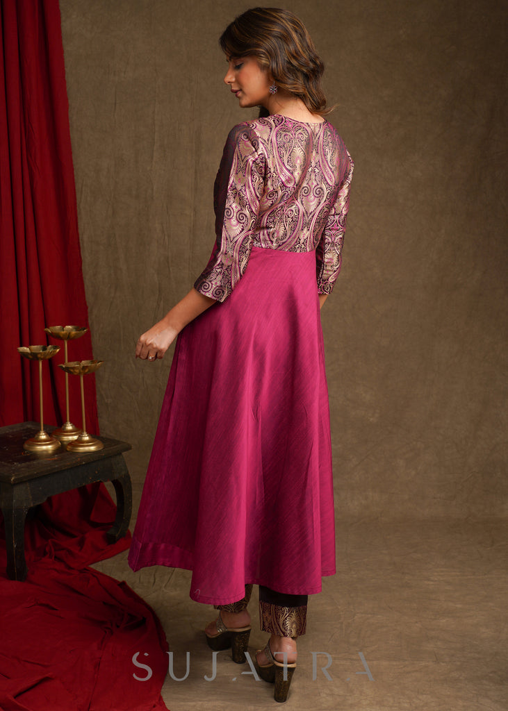 Beautiful Magenta Cotton Silk A-Line Kurta With Attached Banarasi Jacket - Pant Optional