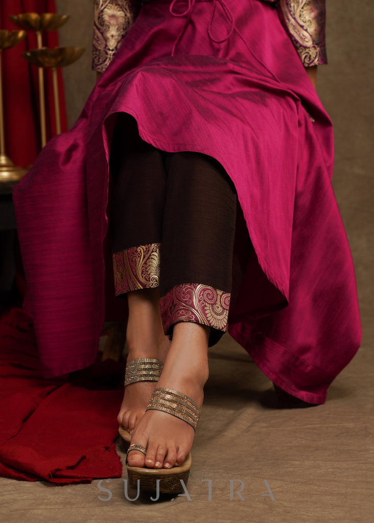 Beautiful Magenta Cotton Silk A-Line Kurta With Attached Banarasi Jacket - Pant Optional