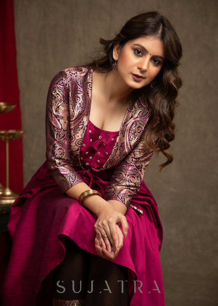Beautiful Magenta Cotton Silk A-Line Kurta With Attached Banarasi Jacket - Pant Optional