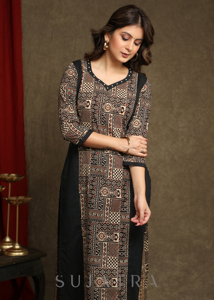 Elegant Black Ajrakh Combination Kurta With Beautiful Pearl Highlighting - Pant Optional