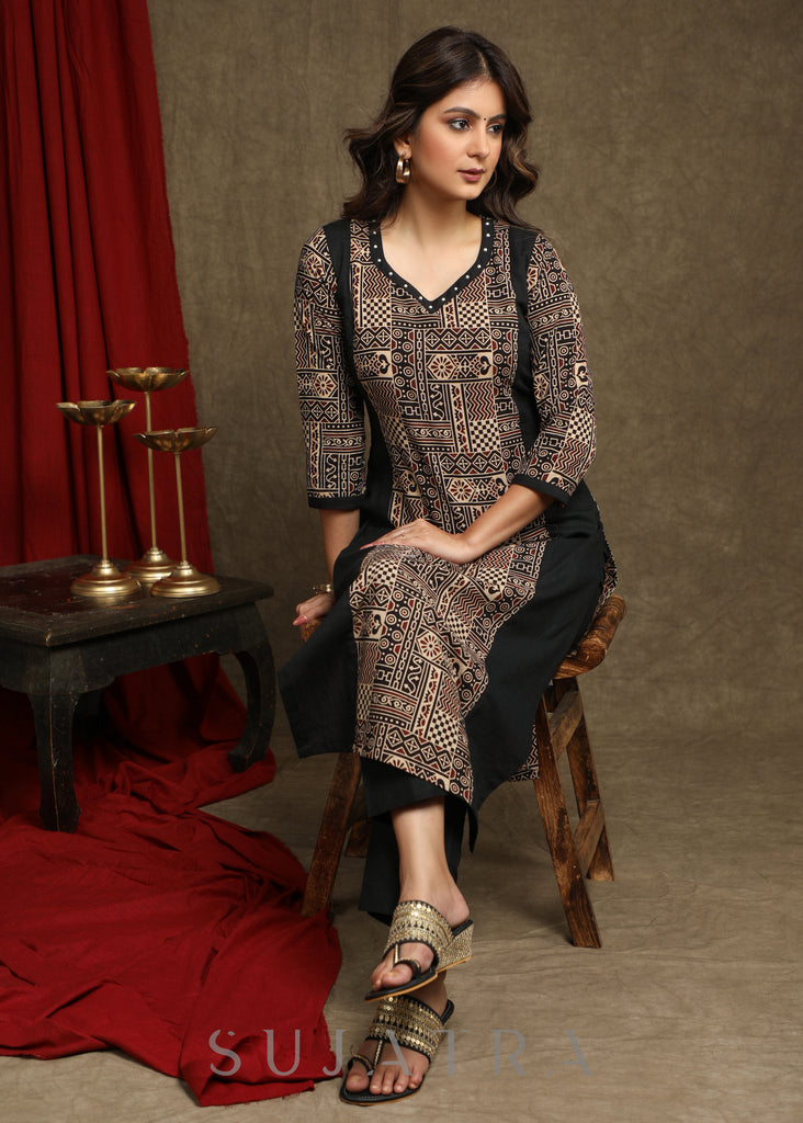 Elegant Black Ajrakh Combination Kurta With Beautiful Pearl Highlighting - Pant Optional