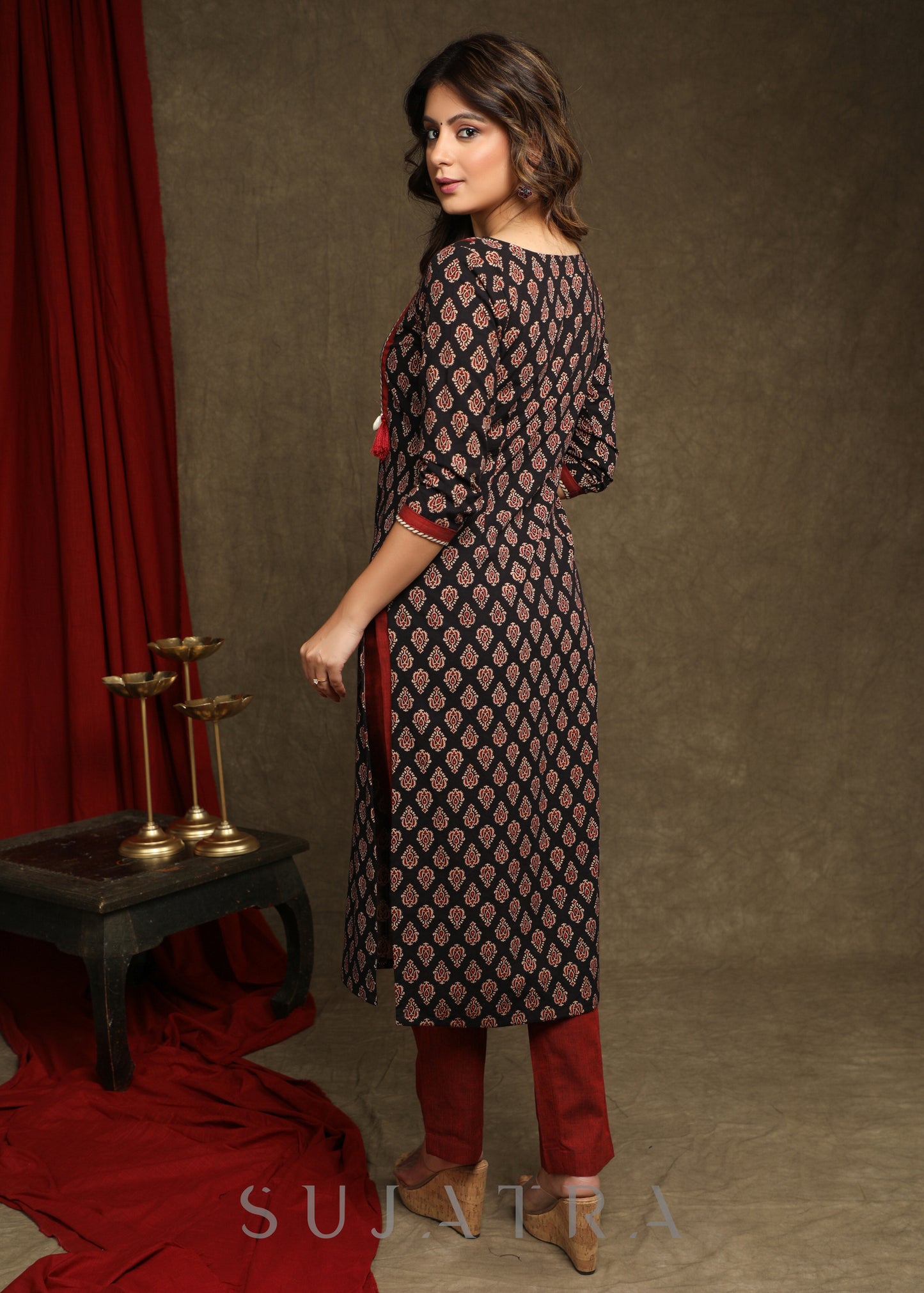Beautiful Black Ajrakh Combination Kurta With Ajrakh Applique On Yoke - Pant Optional
