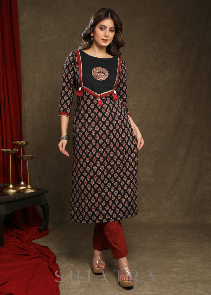Beautiful Black Ajrakh Combination Kurta With Ajrakh Applique On Yoke - Pant Optional