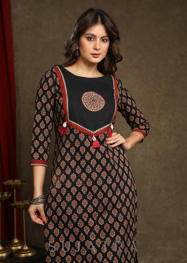 Beautiful Black Ajrakh Combination  Kurta With Ajrakh Applique On Yoke - Pant Optional