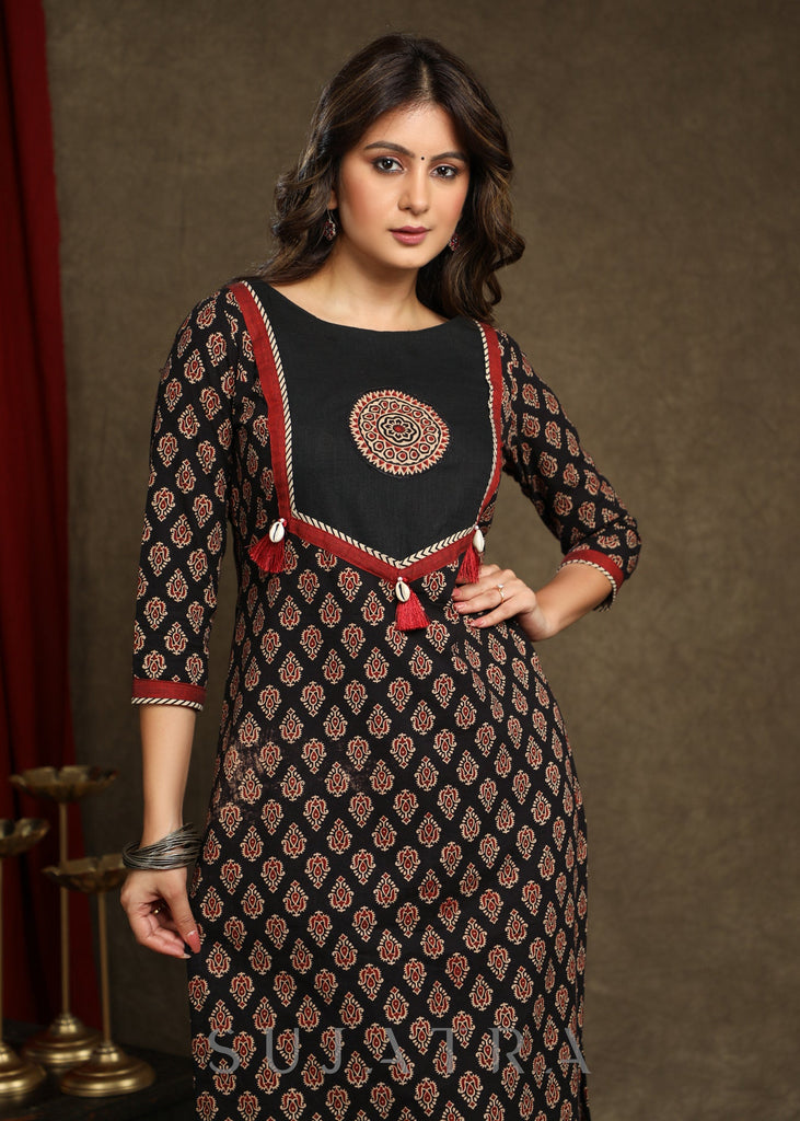 Beautiful Black Ajrakh Combination Kurta With Ajrakh Applique On Yoke - Pant Optional