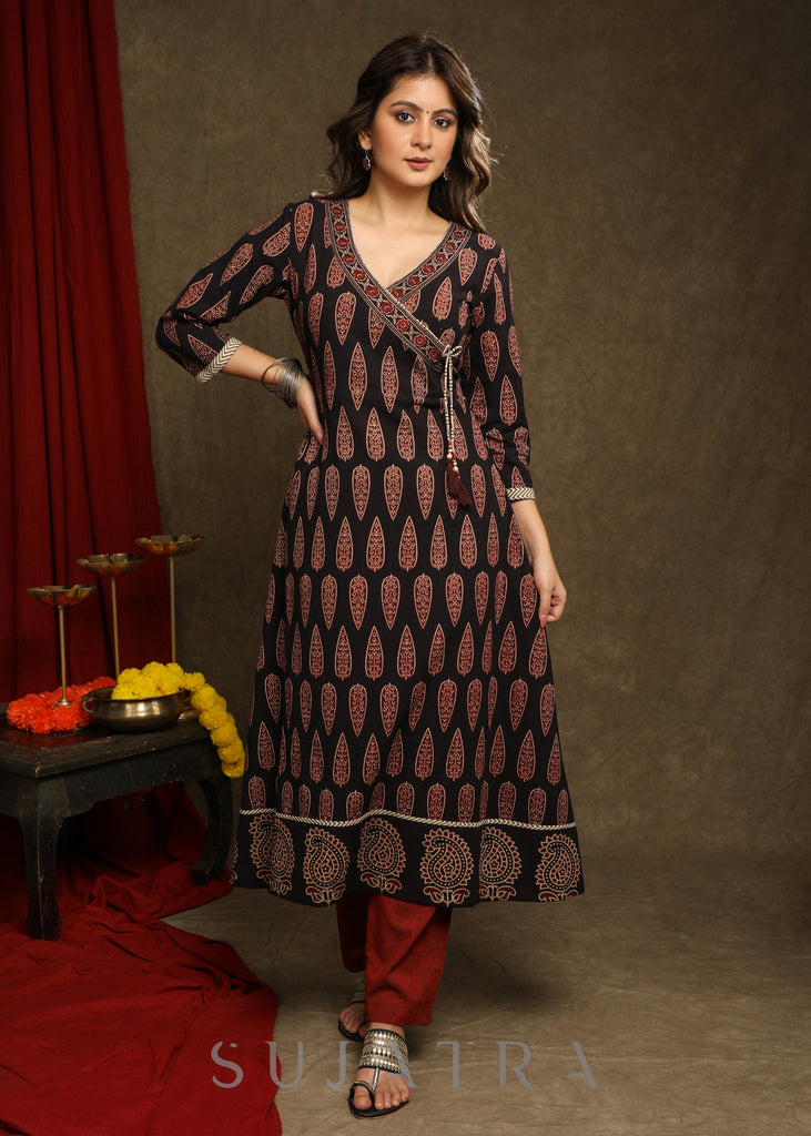 Stylish Black Cotton Ajrakh Combination Crossover Kurta - Pant Optional