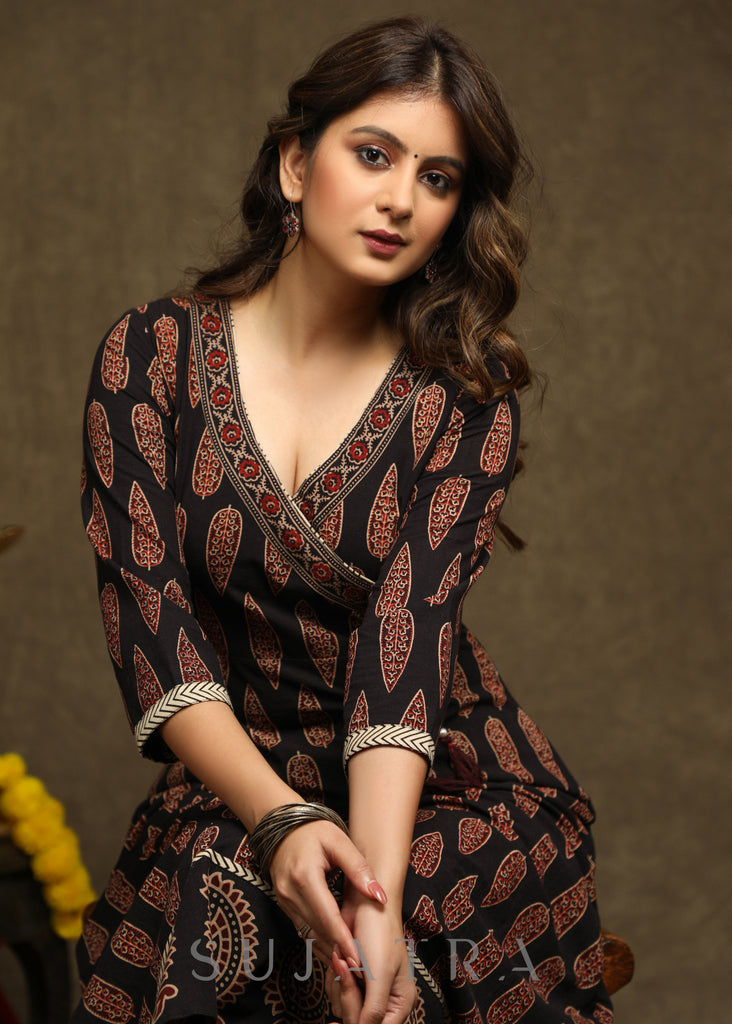 Stylish Black Cotton Ajrakh Combination Crossover Kurta - Pant Optional