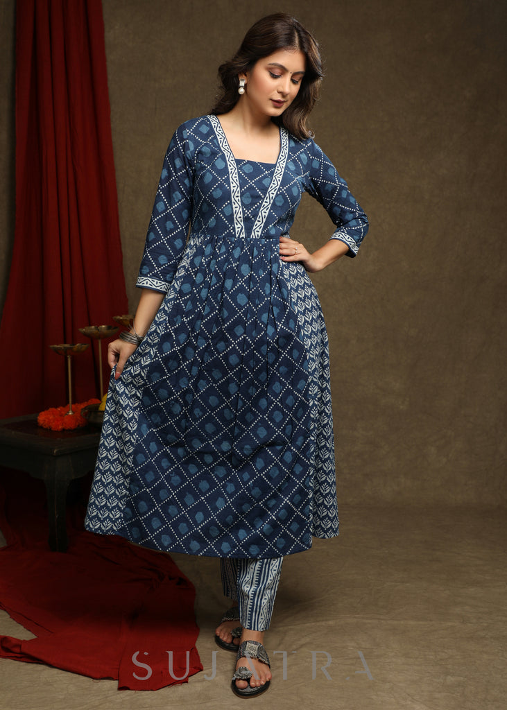 Trendy Indigo Combination A-Line Kurta - Pant Optional