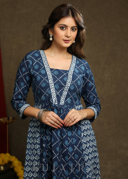 Trendy Indigo Combination A-Line Kurta - Pant Optional