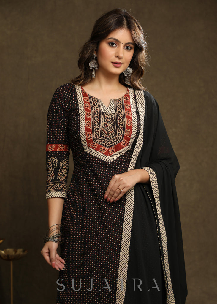 Exquisite Black Cotton Ajrakh Combination Kurta Pant Set - Dupatta Optional