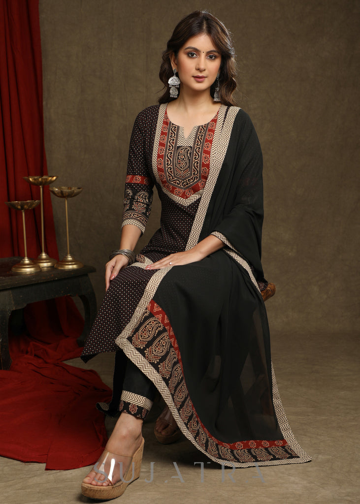 Exquisite Black Cotton Ajrakh Combination Kurta Pant Set - Dupatta Optional
