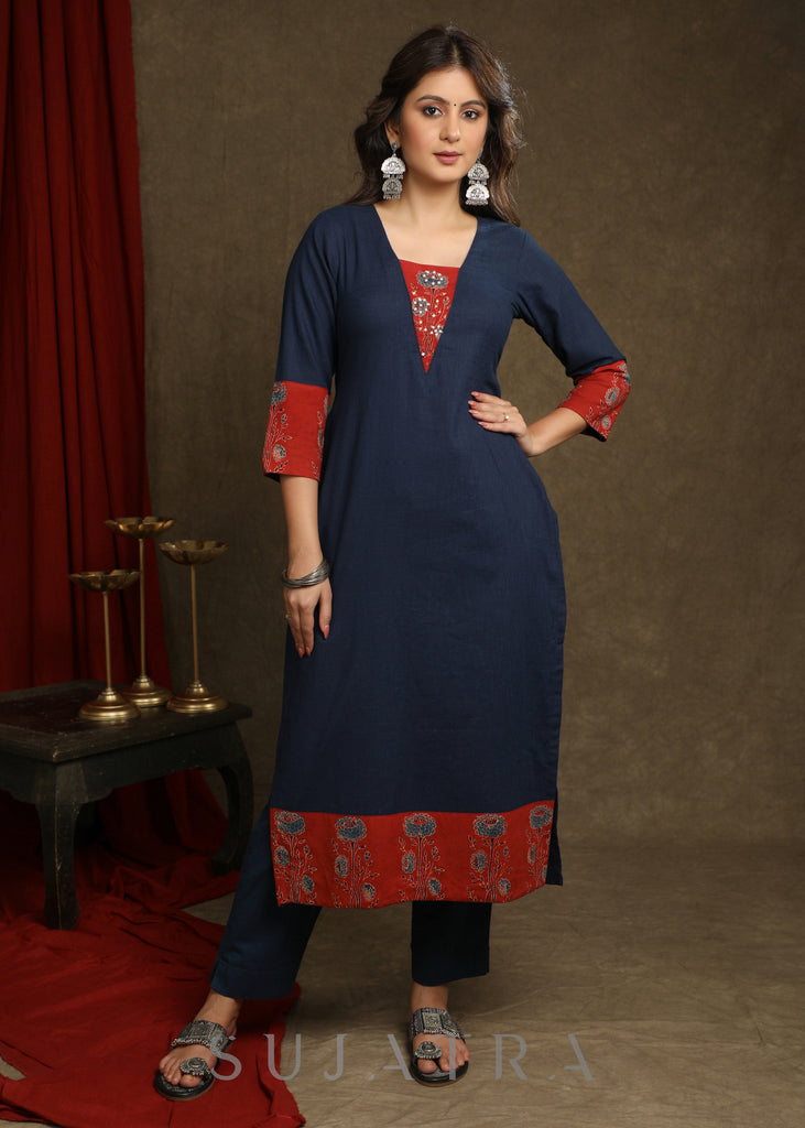Smart Navy Blue Cotton  Ajrakh Combination Kurta With Pearl Embellishments - Pant Optional
