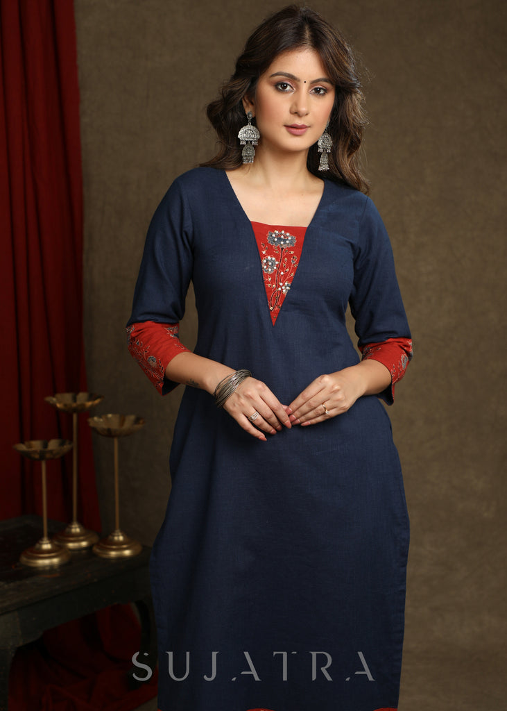 Smart Navy Blue Cotton  Ajrakh Combination Kurta With Pearl Embellishments - Pant Optional
