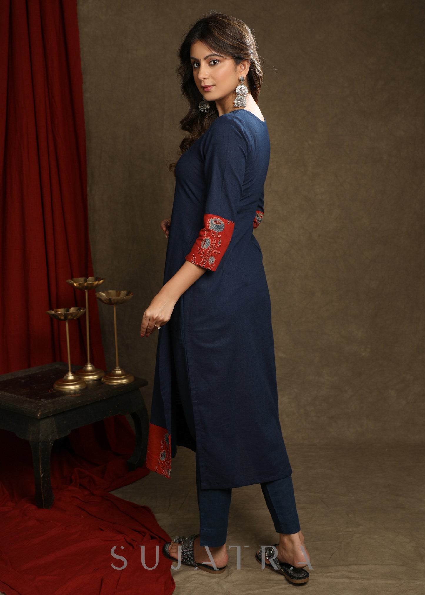 Smart Navy Blue Cotton Ajrakh Combination Kurta With Pearl Embellishments - Pant Optional